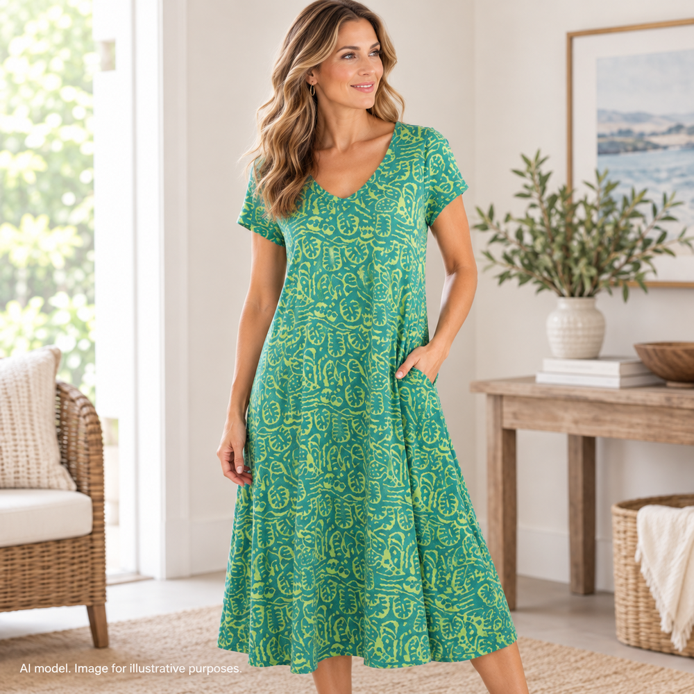 Soft Surroundings Dress Womens Small Green Teal V-Neck A-Line Swing Cotton Modal